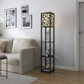 Floor Lamp with Vine Leaves Linen Shade 3 Layers Modern Reading Lamp