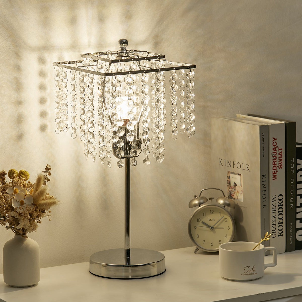 Luxurious Chrome Bedside Lamp With Transparent Crystal Lampshade