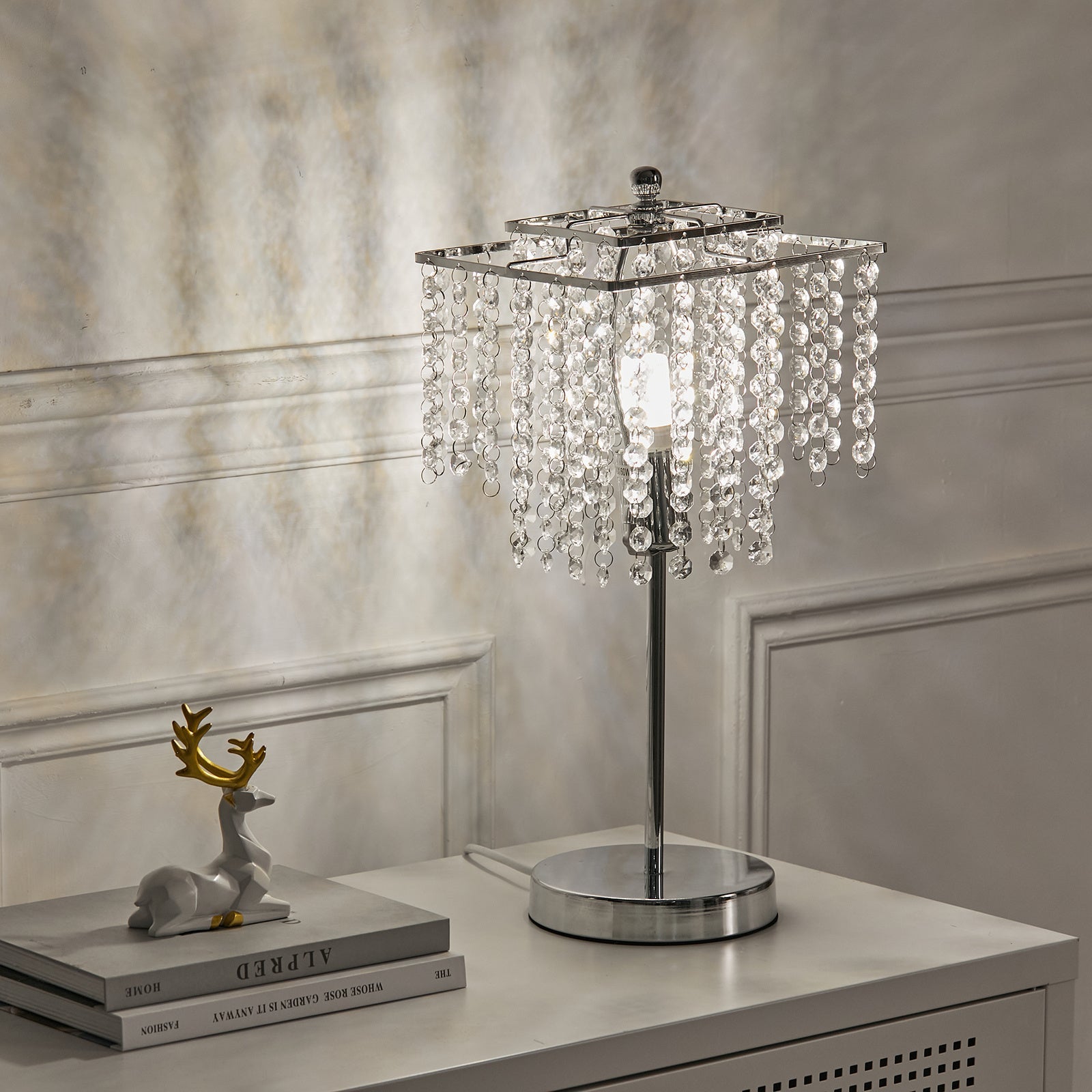 Luxurious Chrome Bedside Lamp With Transparent Crystal Lampshade